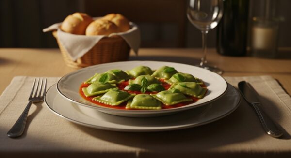 8 RAVIOLONES DE VERDURA Y RICOTTA + SALSA + PAN