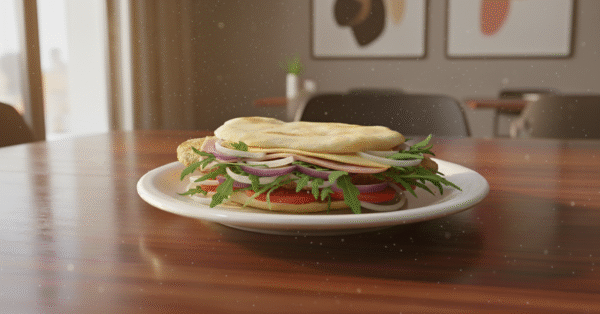 SANDWICH DE MILA DE POLLO+TOMATE Y CEBOLLA+J+Q+RUCULA-PAN PITA -CALIENTE